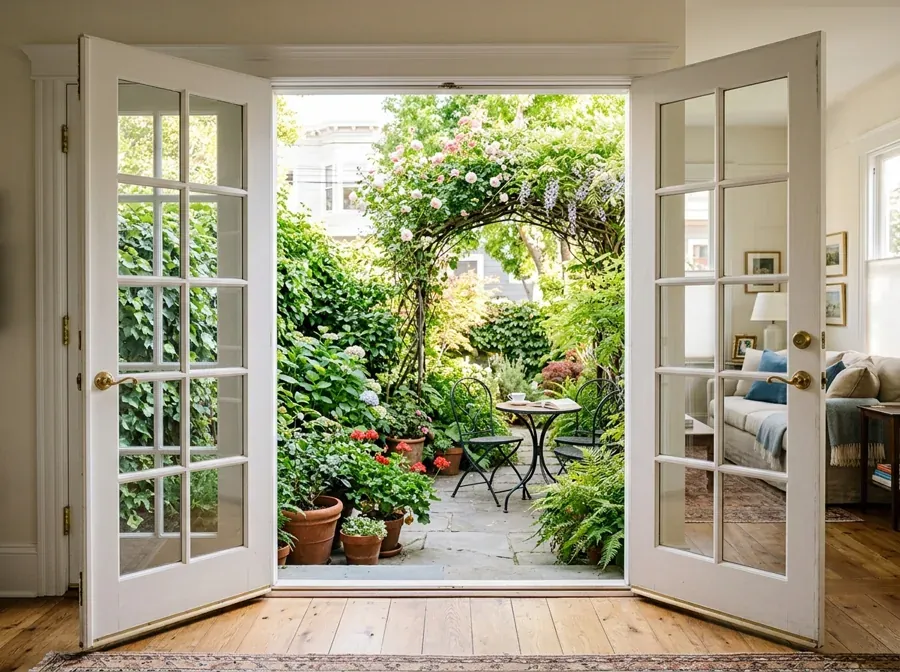French patio doors opening to garden in San Francisco home