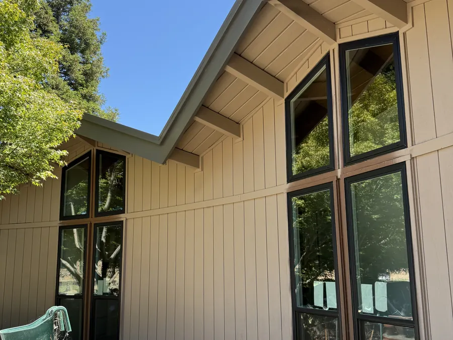 Tall gable wall of new dark-frame windows, Menlo Park, CA