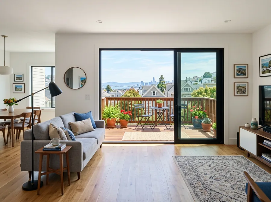 Modern sliding patio door open to a deck in a Bay Area home